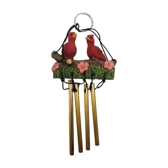 Two Red Birds Wind Chimes Resin 8"  Resting on Floral Branch Grass Metal Rod - Picture 2 of 5